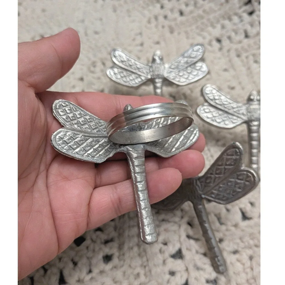 Silver Dragonfly Napkin Rings Set of 4 Textured Metal Nature Inspired Decor